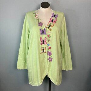 Storybook Knits Spring Green Crochet Butterfly Floral Applique Cardigan Size 2X